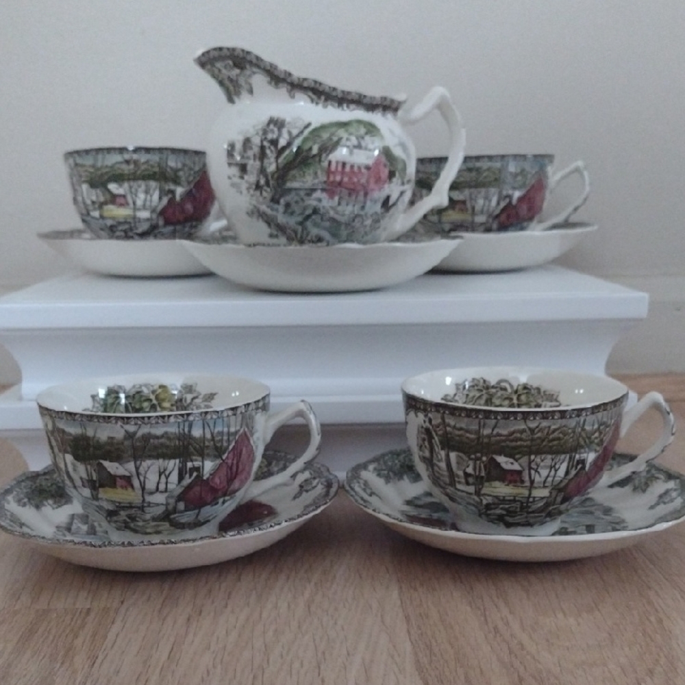 The Friendly Village Ice House Johnson Brothers Tea Cups, Saucers, & Creamer